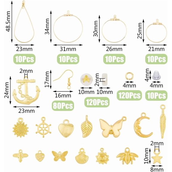 Earring Making Kit DIY Earring Hooks Kit with Charms Golden DIY Earring Beading Hoop Earring Hardware Pieces Repair Parts Earring Supplies for Earring Making DIY Craft