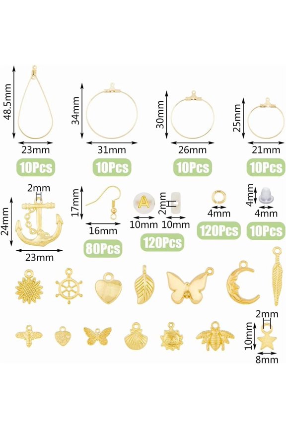 Earring Making Kit DIY Earring Hooks Kit with Charms Golden DIY Earring Beading Hoop Earring Hardware Pieces Repair Parts Earring Supplies for Earring Making DIY Craft