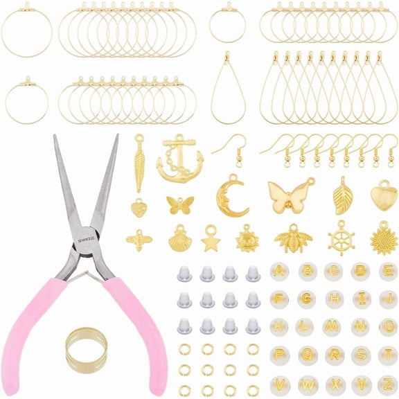 Earring Making Kit DIY Earring Hooks Kit with Charms Golden DIY Earring Beading Hoop Earring Hardware Pieces Repair Parts Earring Supplies for Earring Making DIY Craft