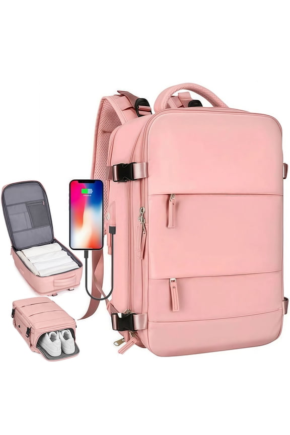 Travel Backpack for Men & Women, 17.7inch Carry On Backpack Flight Approved, 35L Laptop Luggage Backpack, Travel Bag Casual Daypack for School Weekender Business Hiking, Pink
