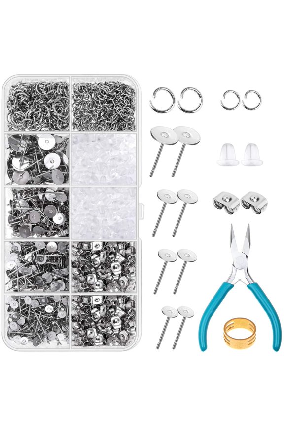 Earring Posts and Backs, 1800pcs Stainless Steel Stud Earring Kit with Earring Base Studs, Earring Backs and Jump Rings for Clay, Resin, Pearls, Jewelry Making and Crafting