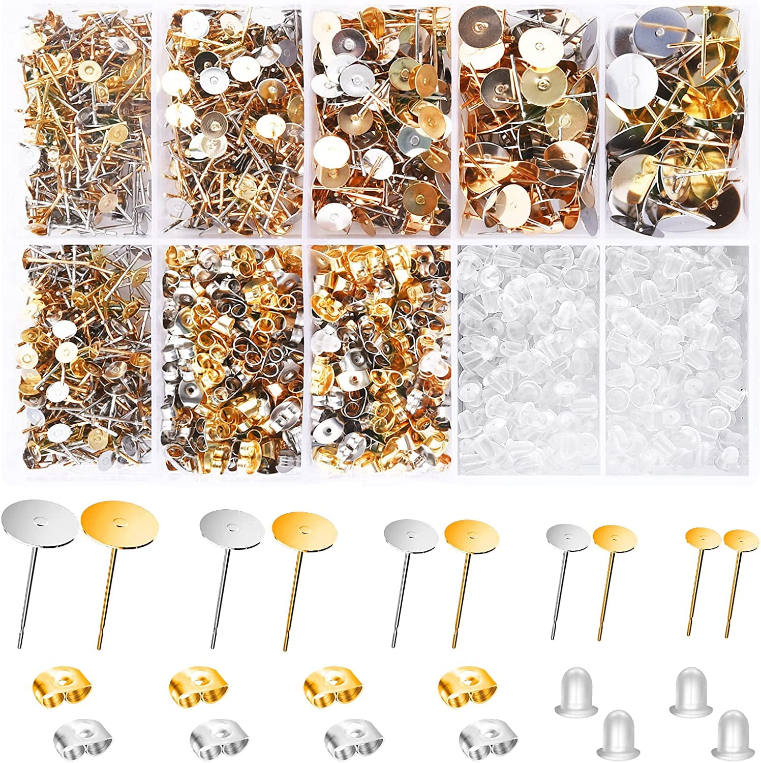 Earring Posts and Backs, 2000Pcs Golden and Silver Hypoallergenic Earring Studs for Jewelry Making Kit and Butterfly Earring Backs and Rubber Earring Backs with Box (4mm, 5mm, 6mm, 8mm, 10mm)