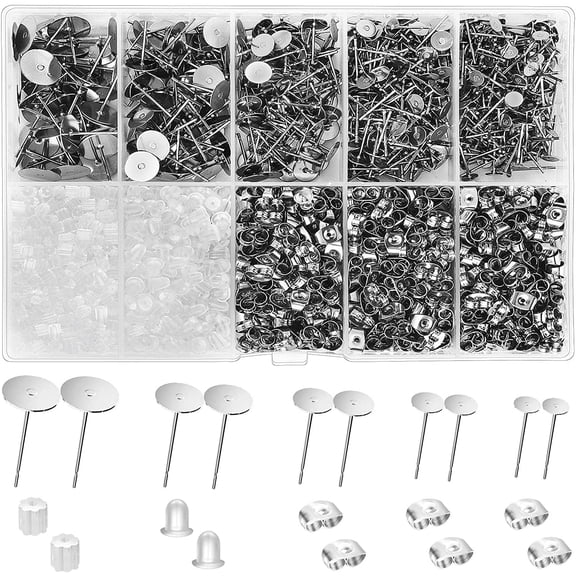 Earring Posts and Backs, 2000Pcs Hypoallergenic Earring Studs for Jewelry Making Kit and Butterfly Earring Backs and Rubber Earring Backs with Box (4mm, 5mm, 6mm, 8mm, 10mm)