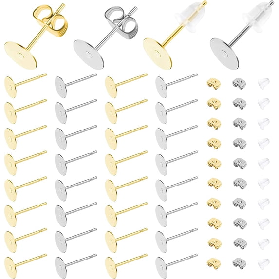 Earring Posts Stainless Steel, 1900Pcs Hypoallergenic Earring Posts and Backs, Flat Pad Earring Studs with Clutch for Earring Making and DIY Stud Earring Supplies