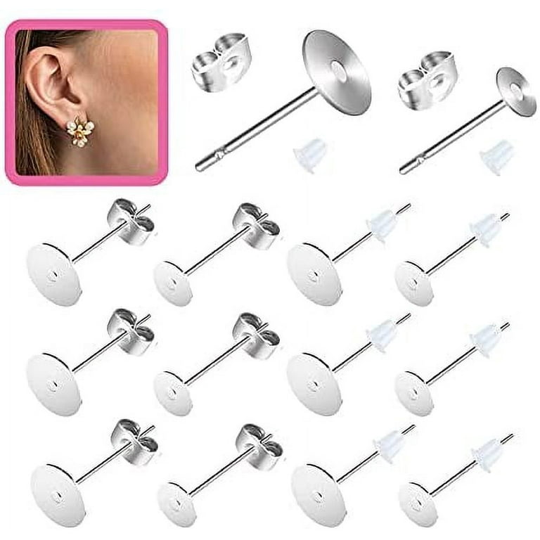 Earring Posts Stainless Steel Hypoallergenic, 420Pcs 4mm/6mm Steel Flat Pad Earring  Studs, Butterfly and Clear Rubber Earring Backs for Jewelry Making DIY  （Silver） (Silver) 
