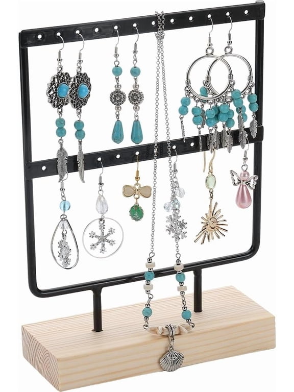 Earring Stands 2 Tier Earring Display Stand 8.3inch Small Jewelry Organizer 24 Hole Black Earring Holder Stand Jewelry Rack Solid Wood Base Jewelry Tree for Hanging Dangle Earrings Ear Stud 1bag