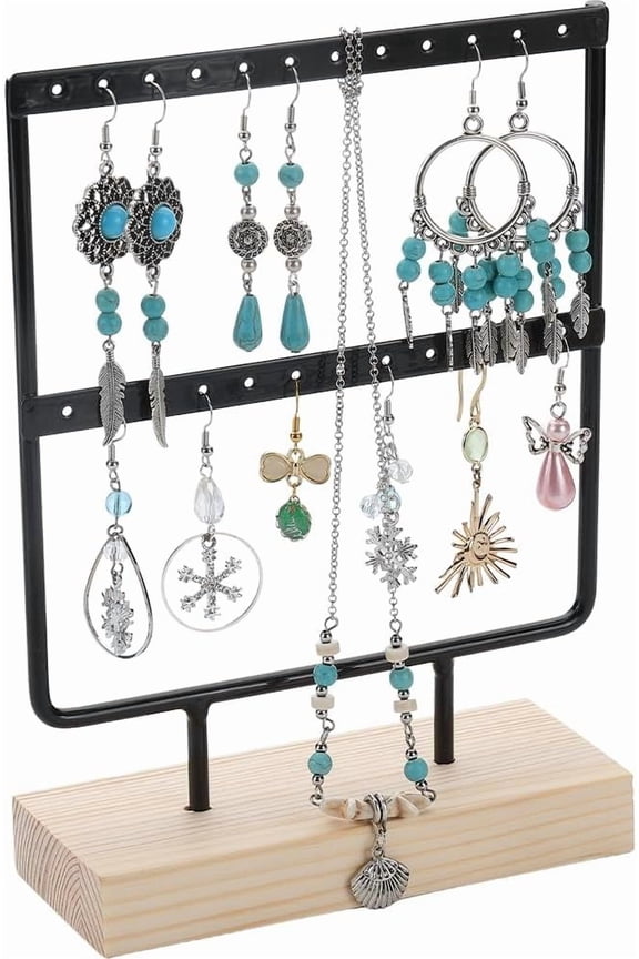 Earring Stands 2 Tier Earring Display Stand 8.3inch Small Jewelry Organizer 24 Hole Black Earring Holder Stand Jewelry Rack Solid Wood Base Jewelry Tree for Hanging Dangle Earrings Ear Stud for DIY
