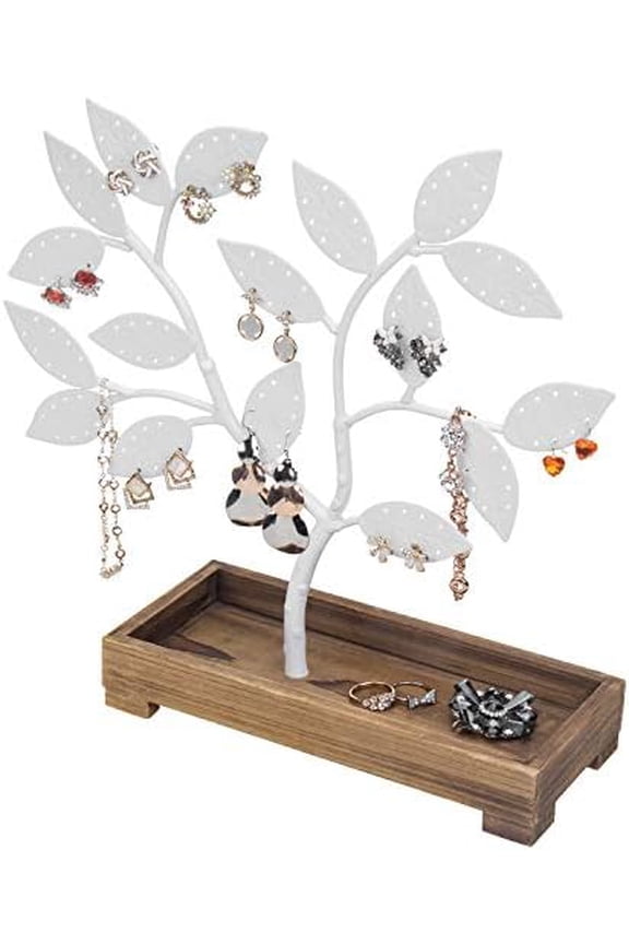 Earring Storage Rack Organizer, White Metal Jewelry Tree, Necklace and Bracelet Hanger with Wooden Ring Tray Trinket Holder - Holds 68 Pairs of Earrings