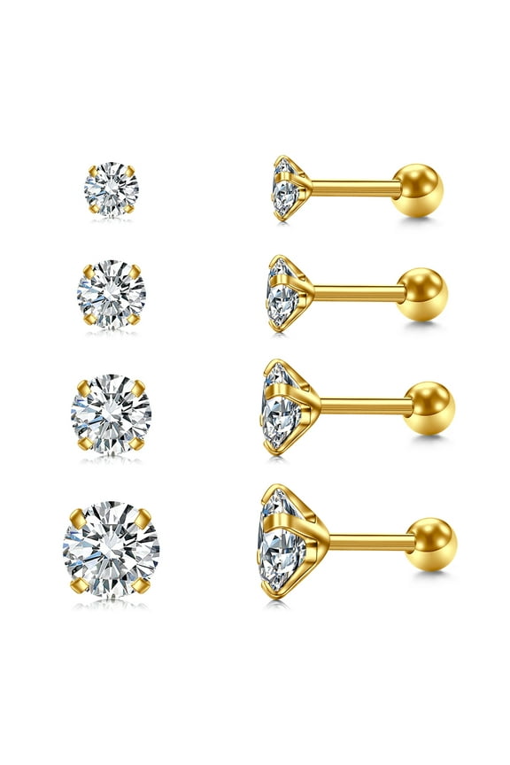 Earring Studs Cubic Zirconia Cartilage Earrings for Women Men Stainless Steel Post Back Ball Screw Earring Studs 4 Pairs
