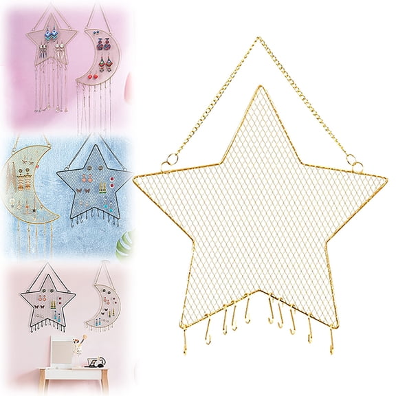 Earring Wall Holder Jewelry Storage - Metal Grid Organizer in Star Moon Shape, Hanging Display Rack for Earrings Necklace, Space-Saving Bedroom Decor