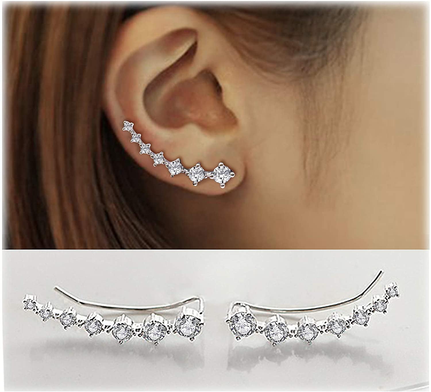 Earring for Women Cartilage,7 Crystals Ear Cuffs Hoop Climber S925 Sterling Silver Earrings with Cubic Zirconia CZ Hypoallergenic Piercing Gifts for Her