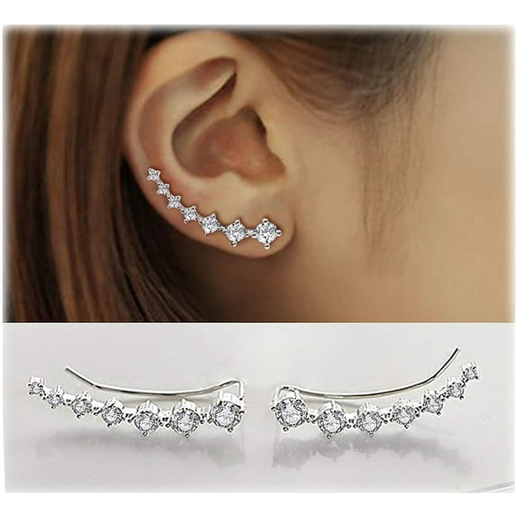 Earring for Women Cartilage,7 Crystals Ear Cuffs Hoop Climber S925 Sterling Silver Earrings with Cubic Zirconia CZ Hypoallergenic Piercing Gifts for Her