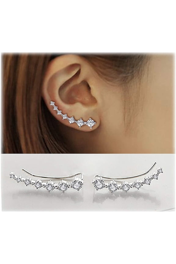Earring for Women Cartilage 7 Crystals Ear Cuffs Hoop Climber S925 Sterling Silver Earrings with Cubic Zirconia CZ Hypoallergenic Piercing Gifts for Her