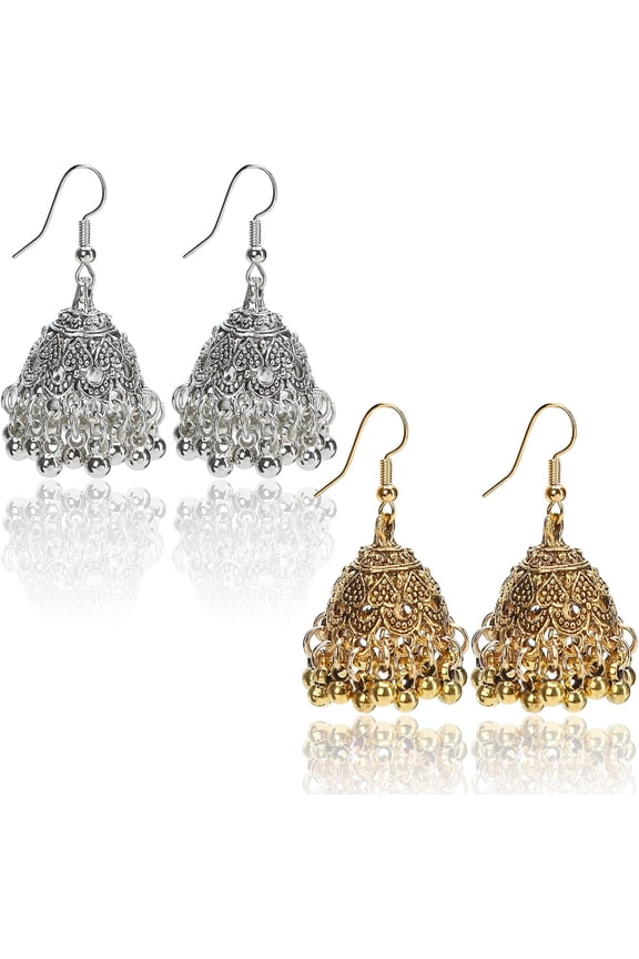 Earrings 2 Pair Vintage Jhumkas 18'' for Women Handmade Ethnic Antique Traditional Gold Plated Silver Earring Small Indian Jhumki Jewelry Micro Bell Tassel Drop Hanging Pendientes