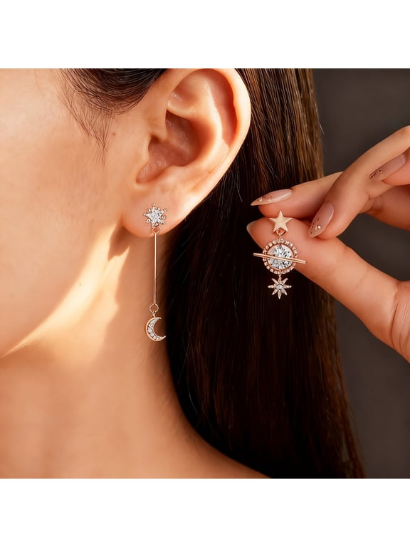 Moon Star Dangle Drop Earrings, Silver Plated Alloy, Celestial Jewelry Gift for Women