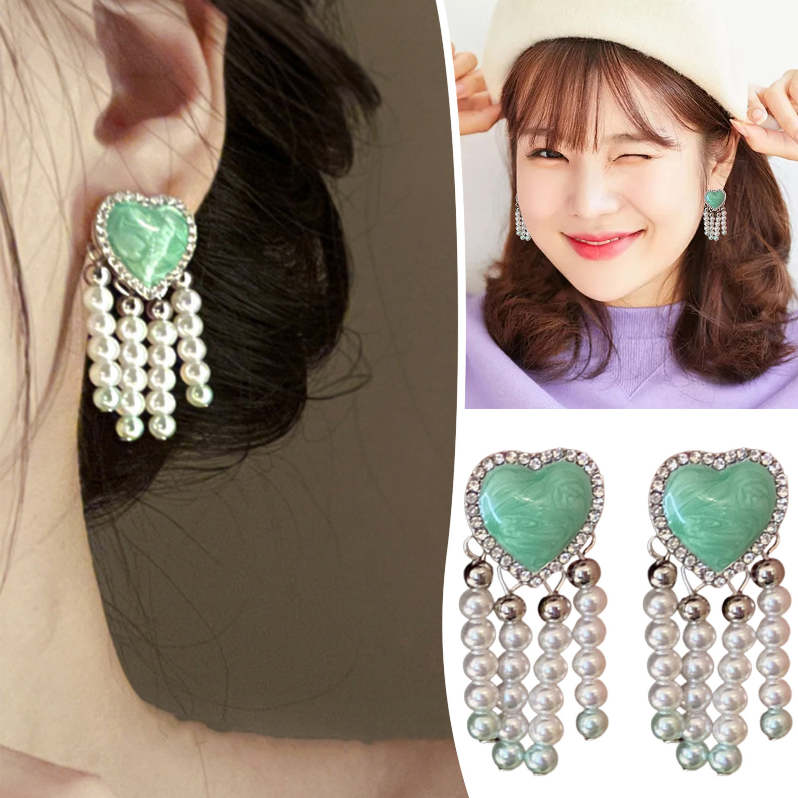 Earrings For Women Trendy Set Minimalist Green Heart Tassel Pearl