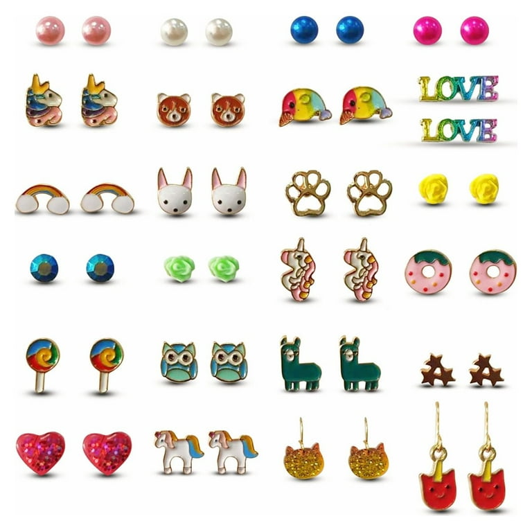 Earrings for Girls Kids Jewelry Cute Earrings Fun Colorful Stud Earrings,  Animal Rainbow Unicorn Cute Earring Jewelry Set Gifts for Teen Girls Women  24 Pairs 