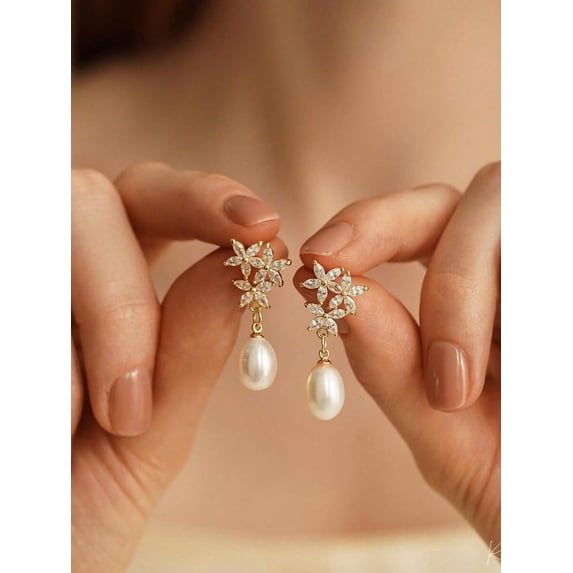 Earrings Gold-7, CZ Flower Design with Teardrop Pearl, Fashion Jewelry