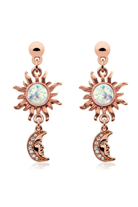 Earrings IP Rose Gold Celestial Sun Moon Dangle Ear Stud Earring