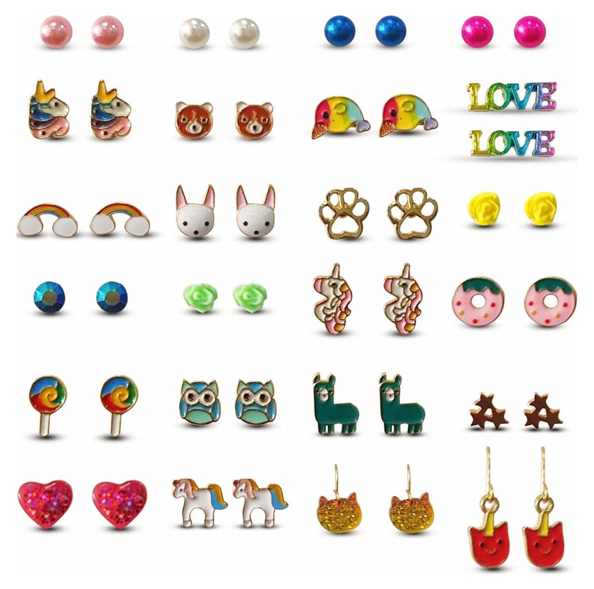 KABUER Earrings Jewelry Cute Earrings Fun Colorful Stud Earrings, Animal Rainbow Unicorn Cute Earring Jewelry Set Gifts for Teen Women 24 Pairs