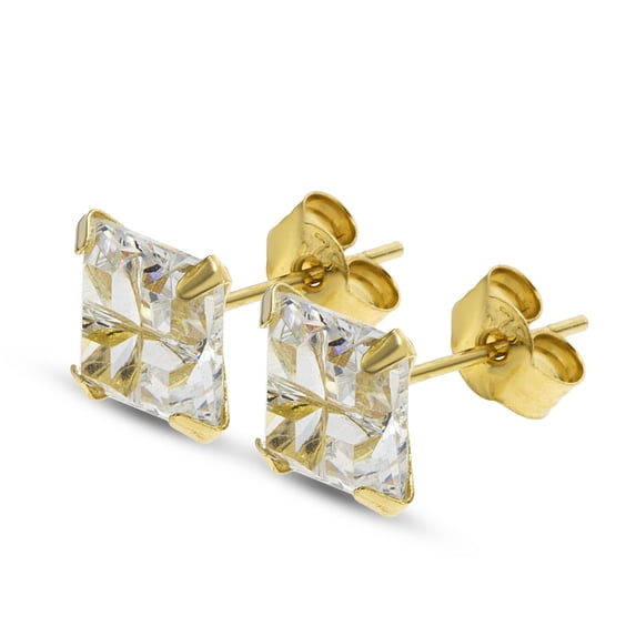 Earrings Prong Clear Square Crystal 24k Gold Plated Over Surigcal Steel (5mm (2) Pieces) B/4/6
