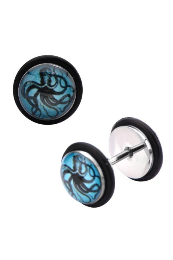 Earrings Rings 18g Steel Faux Plug with Nautical Octopus Logo Fronts. Pair