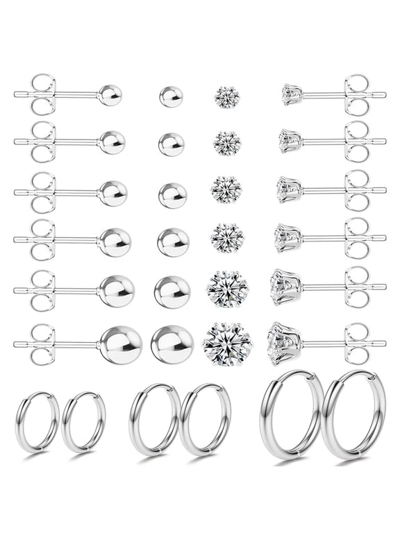 Earrings Stud for Ear Piercing Jewelry Hypoallergenic Surgical Stainless Steel 20G CZ Stud Earrings for Multiple Cartilage Helix Small Huggie Hoop Earrings for Women Men Silver 15Pairs Set