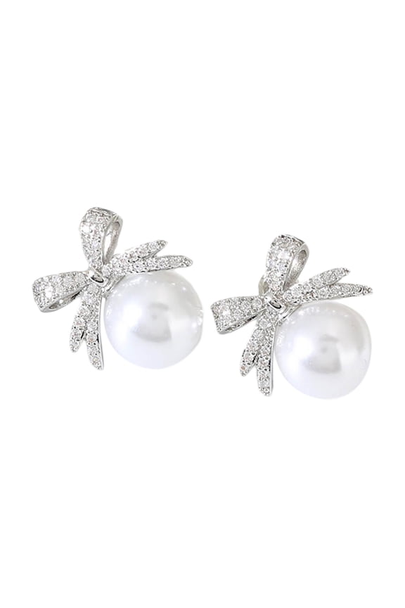 Earrings Title Bow Pearl Luxe Ear Studs with Rhinestones for Versatile Style on Platform,2x1.8cm,C