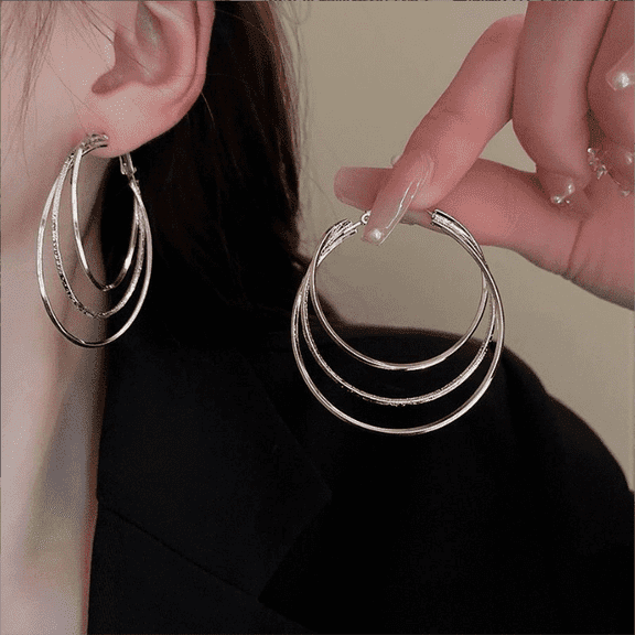 Earrings For Women Large Gold Geometric Hoop Earrings for Women Silver Round Triple 3 Circle Layer Statement Hoops Earring Trendy Simple Layered Jewelry Accessories