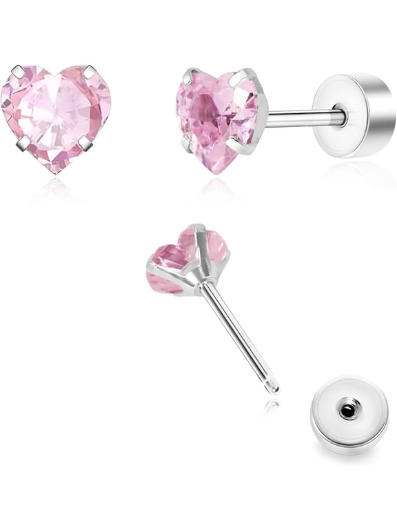 Earrings for Women Push-in Titanium Hypoallergenic Threadless Flat Back Earrings for Women Sensitive Ears Cartilage Cute Small Pearl Star Flower Heart Pink Cubic Zirconia Studs
