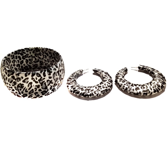 Earrings and Bangle Set Leopard Print Silver Gray Spot 2.5 inch Hoops