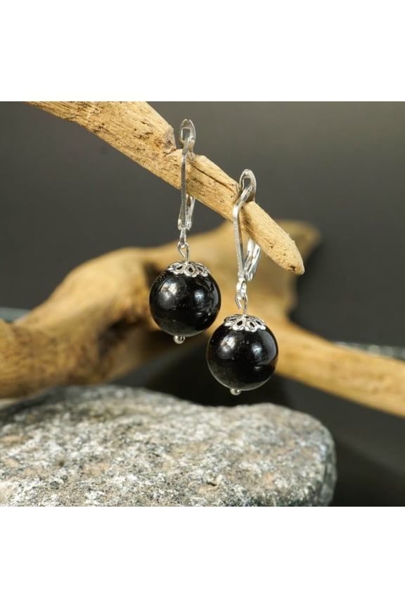 Earrings balls 11 mm from black amber Handmade