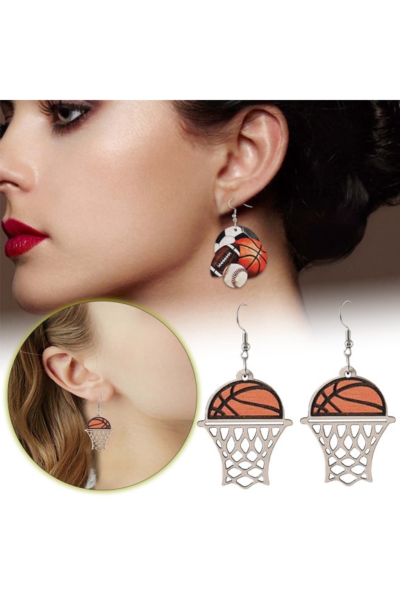 Earrings for Women - Flower Football Baseball Basketball Pendant in Wood Interchangeable Double Ear Jewelry for Everyday Wear