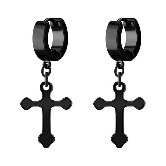 Earrings stainless steel PVD black plated huggie with a black cross dangling
