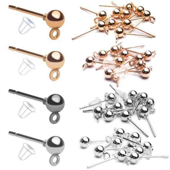 Earrings with Loop, 40pcs 4mm Hypoallergenic Stainless Steel & Silicone Earring Studs & Backs, 4 Colors