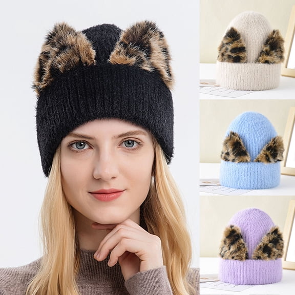 Ears Beanie Winter Warm Handmade Knitting Hats Caps Patchwork Crochet Headpiece