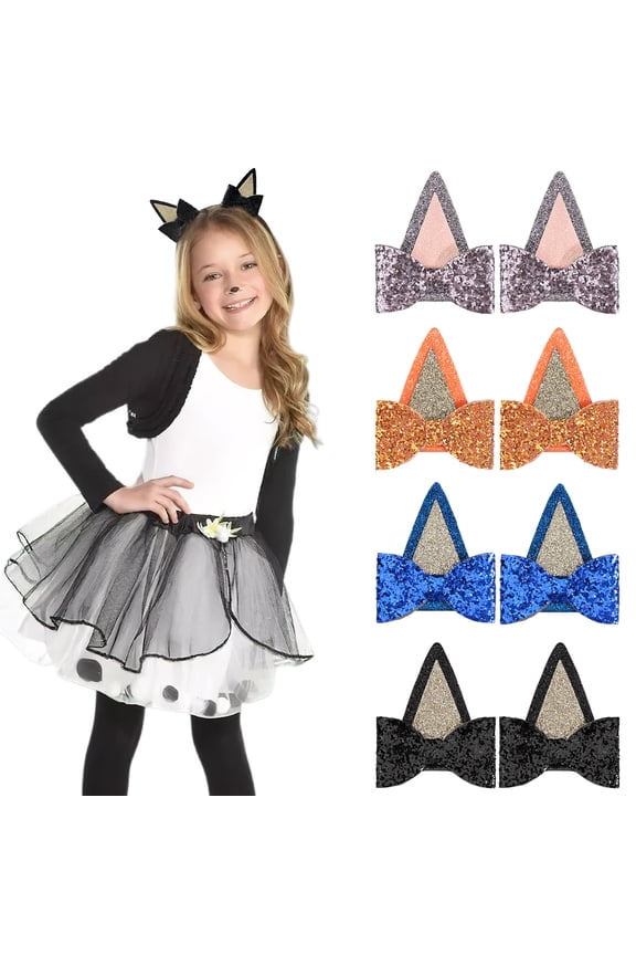 Ears Hair Clips, 6Pairs Glitter Hair Barrettes for Toddler Girls Birthday Decorations Halloween Costume Cosplay Accessories Party Supplies