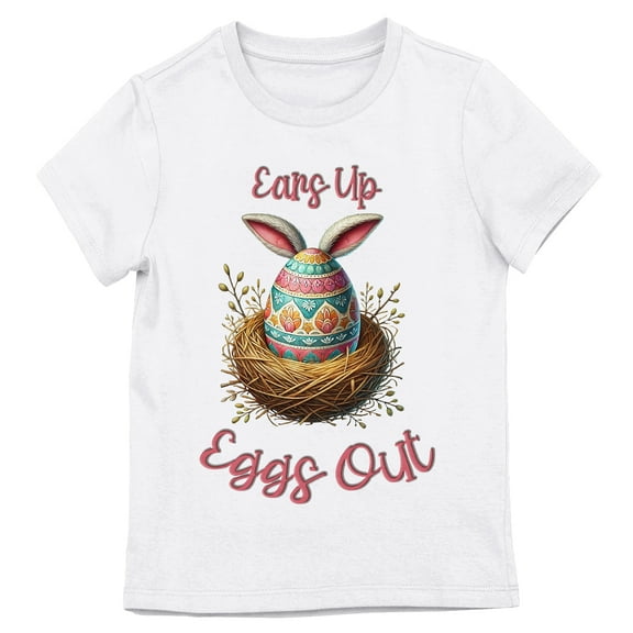 Ears Up Eggs Out Youth Girl's White Crew Neck Short Sleeve T-shirt-Medium