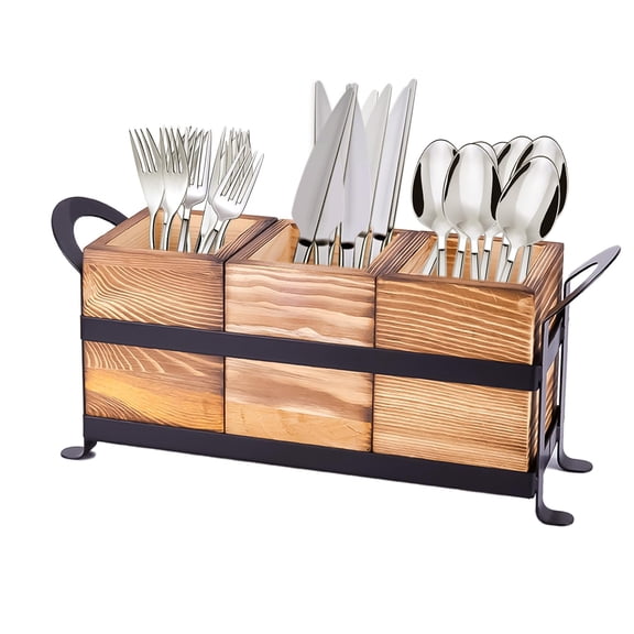 Earssa Wood Utensil Holder Silverware Caddy with Metal Rack Detachable Utensil Caddy for Party Flatware Organizer for Kitchen Forks Spoons Knives Storage Y101