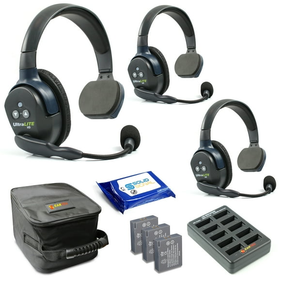Eartec UL3S UltraLITE Full Duplex Wireless Headset Communication for 3 Users - 3 Single Ear Headsets with Solid Signal Antibacterial Wipes Bundle