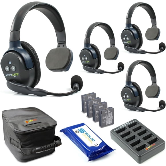 Eartec UL4S Ultralite Full Duplex Wireless Headset Communication for 4 Users - 4 Single Ear Headsets with SolidSignal Cleaning Wipes Bundle