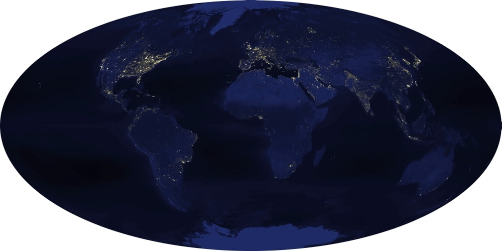 Earth?Ø¬æ¬¥?Ø¬æ¬†?Ø¬æ¬¥s human-generated nighttime lights for the calendar year 2003 Canvas Art - Stocktrek Images (40 x 20)