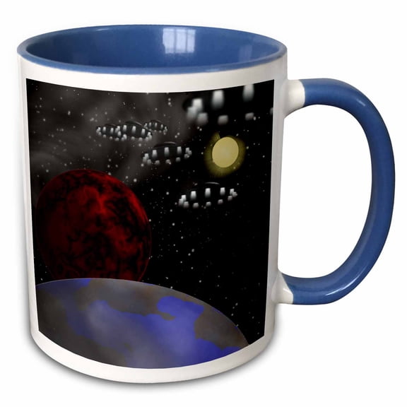 3drose, Earth and Mars Being Explored by Alien Space Craft with the Sun in the Background., 11oz Two-tone Blue Mug