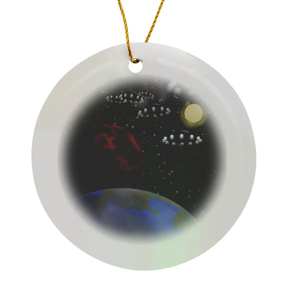 3drose, Earth and Mars Being Explored by Alien Space Craft with the Sun in the Background., Circle Porcelain Ornament
