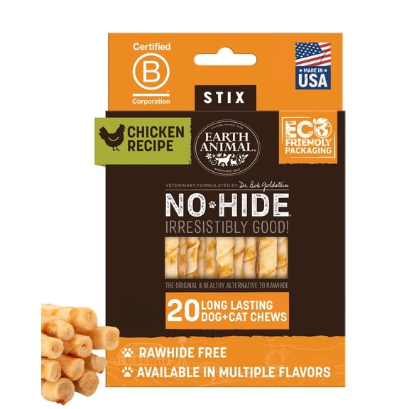 Earth Animal No Hide Stix - Long Lasting Rawhide Free Small Dog Chews Sticks, Chicken - 20 Count Value Pack