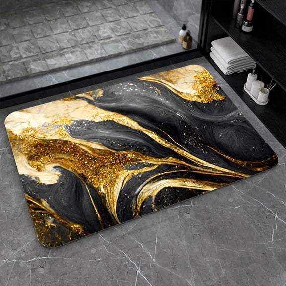 Earth Bath Mat,Black Grey Gold Marble Texture Non-Slip Volume Super Absorbent Fast Drying for Bathroom Kitchen Door mat,Eco-Friendly Easy to Clean 17×27.5Inch (43 * 70cm)