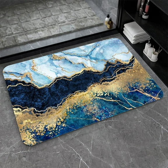 Earth Bath Mat,Blue White Black and Gold Marble Non-Slip Volume Super Absorbent Fast Drying for Bathroom Kitchen Door mat,Eco-Friendly Easy to Clean 17×27.5Inch (43 * 70cm)