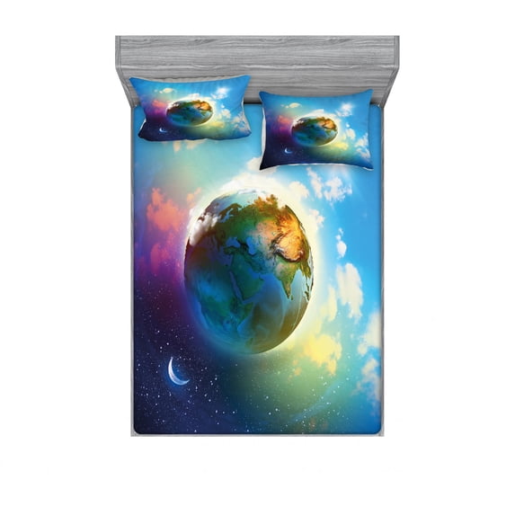 Earth Bedding Set with Sheet & Covers, Earth Outer Space Scene in Vibrant Color Enchanted Cosmos Atmosphere Image Print, Printed Bedroom Decor 2 Shams, 4 Sizes, Blue Violet, by Ambesonne