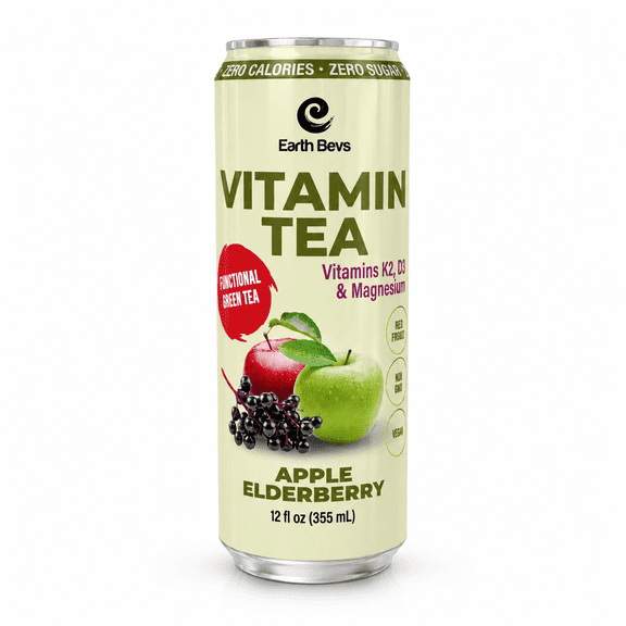 Earth Bevs Apple Elderberry Green Tea, Naturally Caffeinated, Zero Calorie, 4 Pack