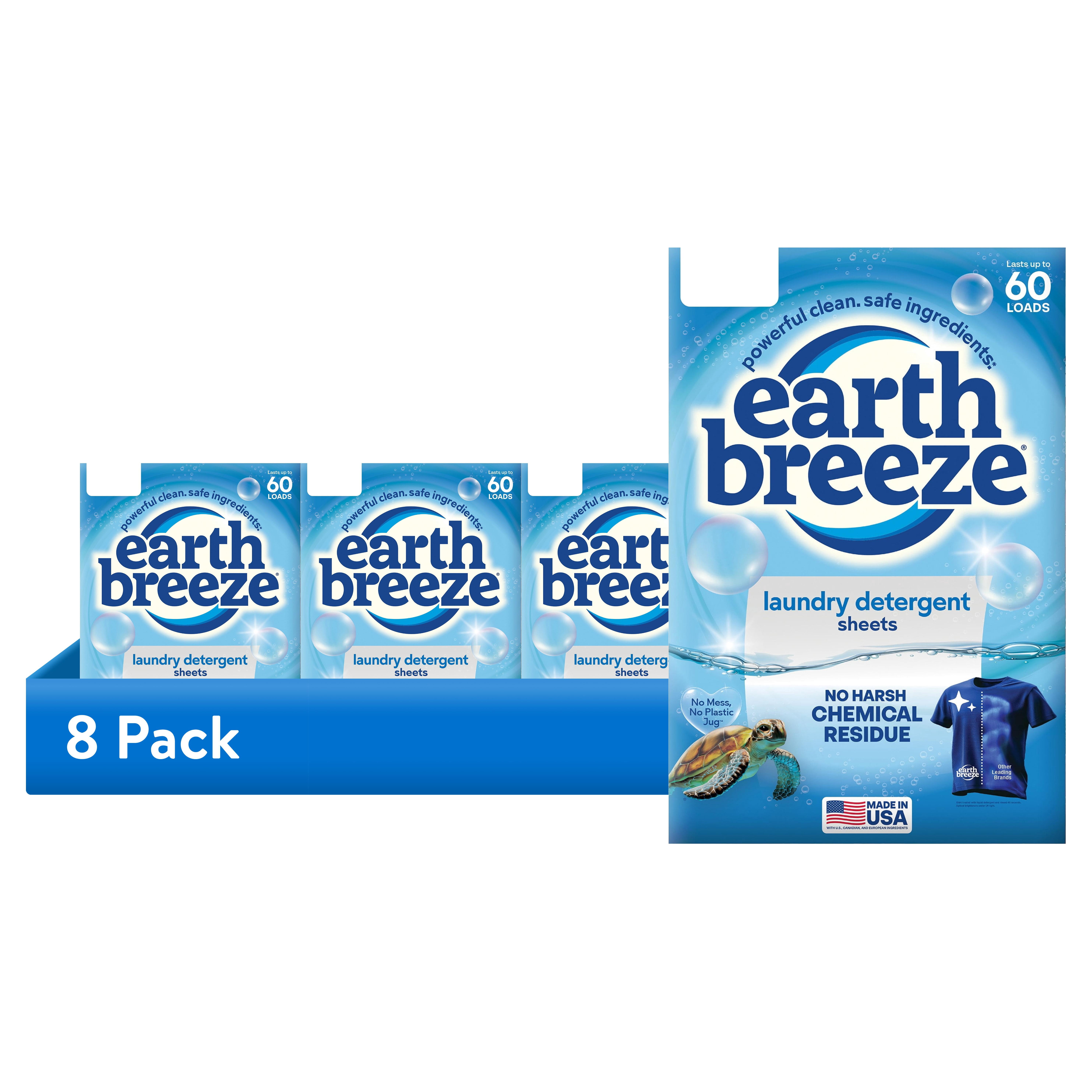 (8 pack) Earth Breeze Hypoallergenic Fragrance-Free Laundry Detergent Sheets, 60 Loads